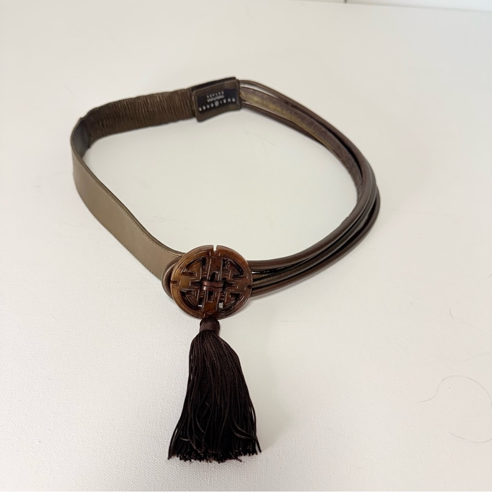 Suzi Roher Artisan Multi-Strand Leather Belt | Carved Stone Medallion and tassel